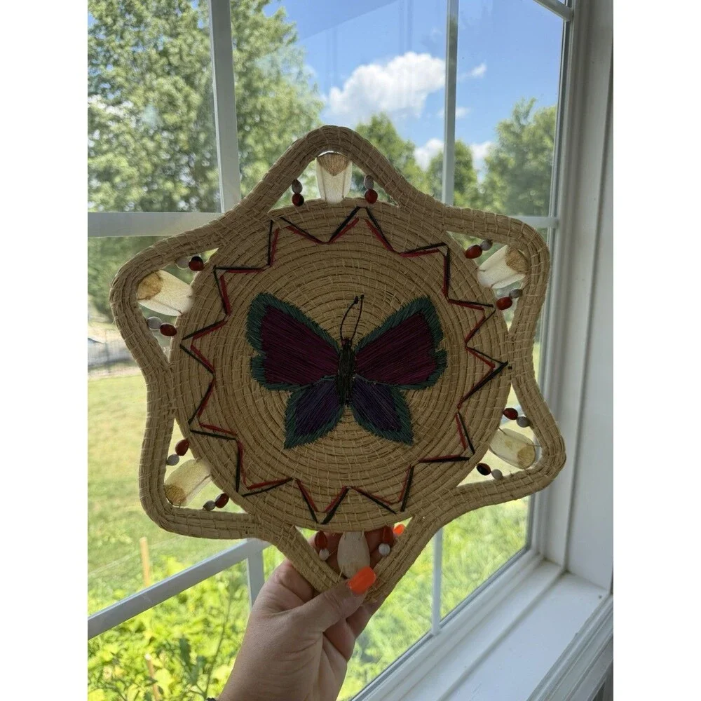 Vintage Hand Woven Butterfly Basket Shallow Decorative Wicker Boho Wall Decor
